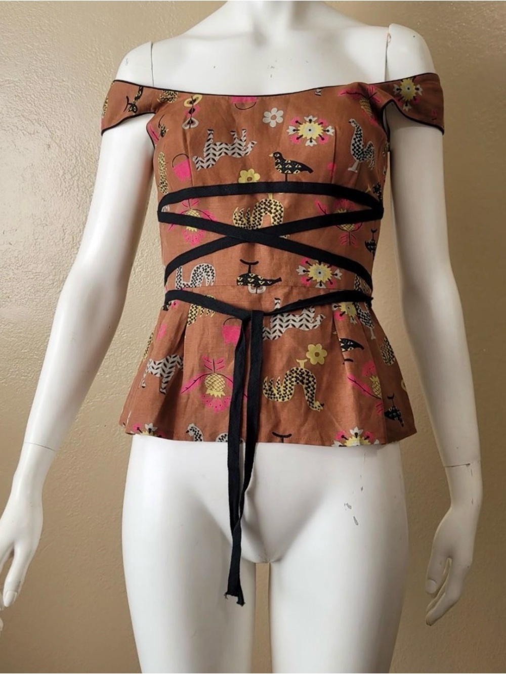 Nannette Brown Floral Off-Shoulder Peplum Top with Black Wrap